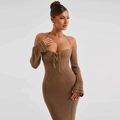 Brown Off Shoulder Halter Knit Dress with Backless Design