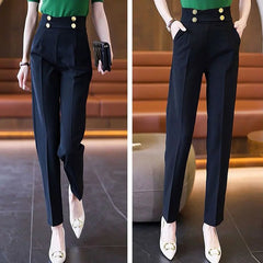 Women's Black High Waist Suit Trousers with Rear Zipper and Pockets