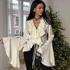 Women's White Ruffled V-Neck Long Sleeve Lace-Up Blouse Top