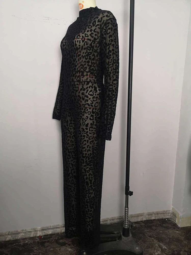 Leopard Print See-Through Gauze Jumpsuit with Wide Leg Pants