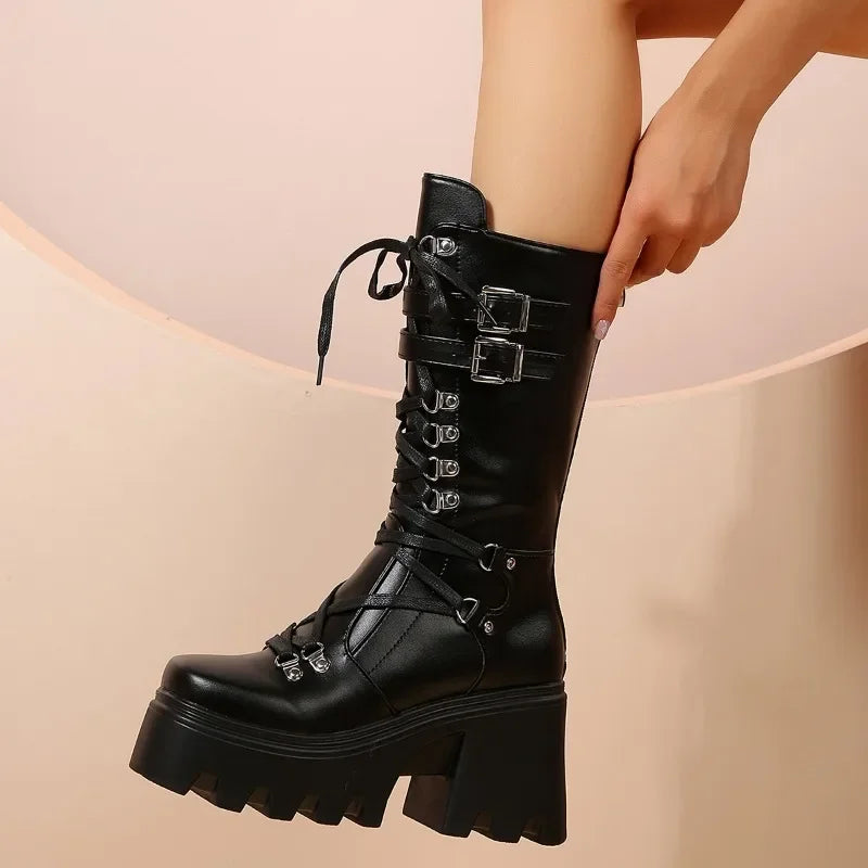 Women's Fashion Solid Color Mid Tube Lace Up Platform Wedge Boots