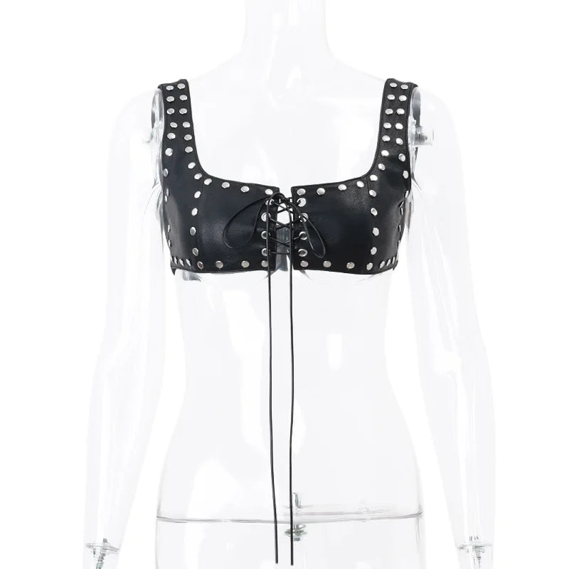 PU Leather Lace Up Sleeveless Crop Top for Rave, Festival, Punk Streetwear