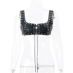 PU Leather Lace Up Sleeveless Crop Top for Rave, Festival, Punk Streetwear