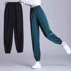 Ice Silk Satin Loose Sports Pants for Women with Pockets and Drawstring