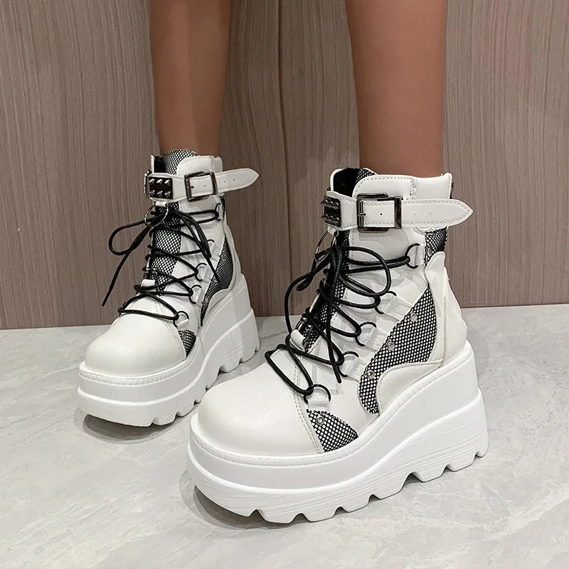 Women's Black Ankle Boots Platform Wedges High Heels Cosplay Shoes