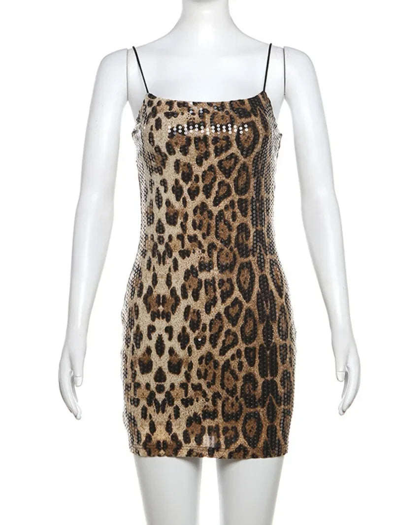 Women's Leopard Print Sleeveless Bodycon Slip Dress for Night Out