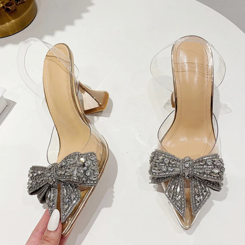 Sandales à talons hauts et bout pointu pour femmes avec nœud papillon et paillettes en cristal 