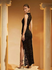 Elegant Solid Black Lace Dress For Women With High Side Split