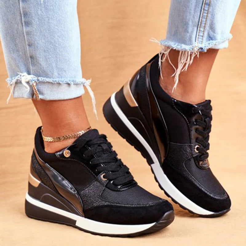 Women's Casual Gold Color Wedge Heel Sport Sneakers