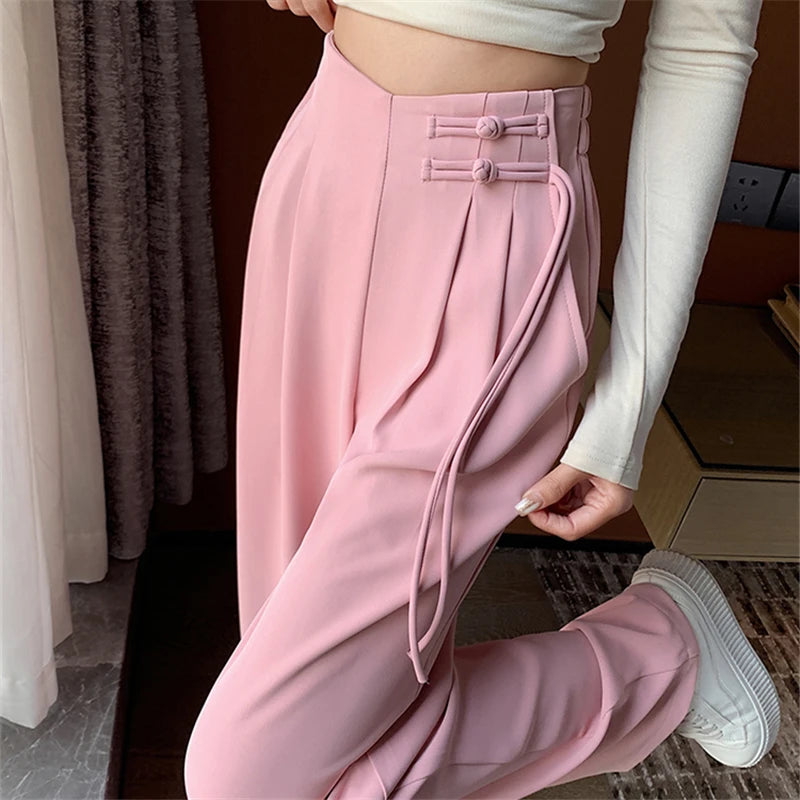 Women's High-Waisted Wide-Leg Trousers – Adjustable Belt Pleated Loose Pants