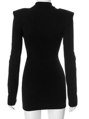 Fashion Tie Knot Shoulder Pad Black Hollow Out Short Dress
