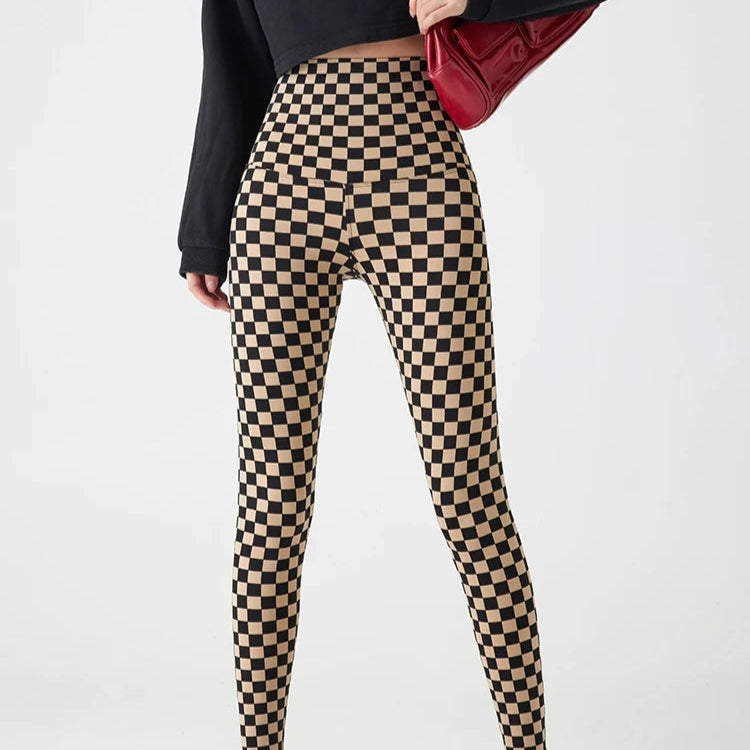 Women's Khaki Checkerboard Plaid Shark Leggings High Waist Seamless