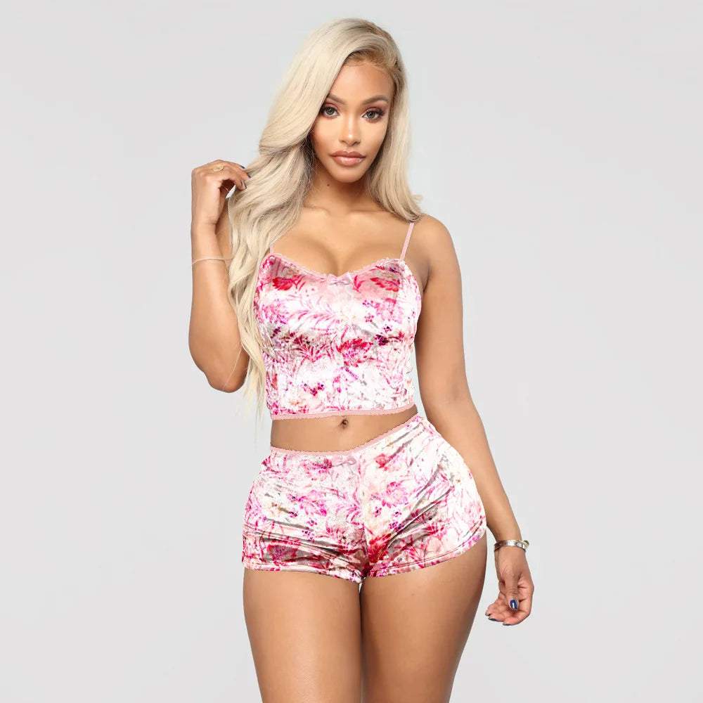 Hot Women Velvet Spaghetti Strap Pajama Set with Shorts