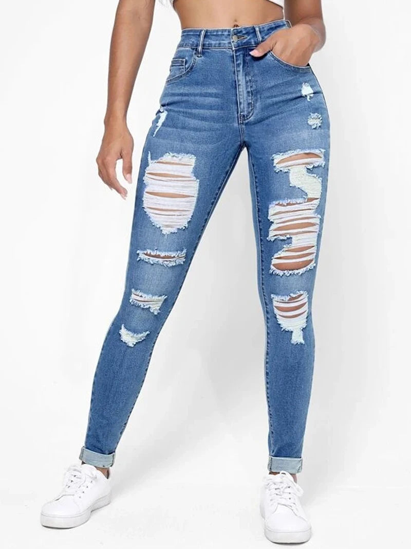 Ripped Holes Casual Skinny Jeans with Slash Pockets and Distressed Style