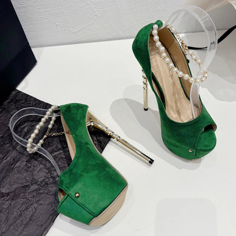 Green Peep Toe Ankle Strap High Heels for Women