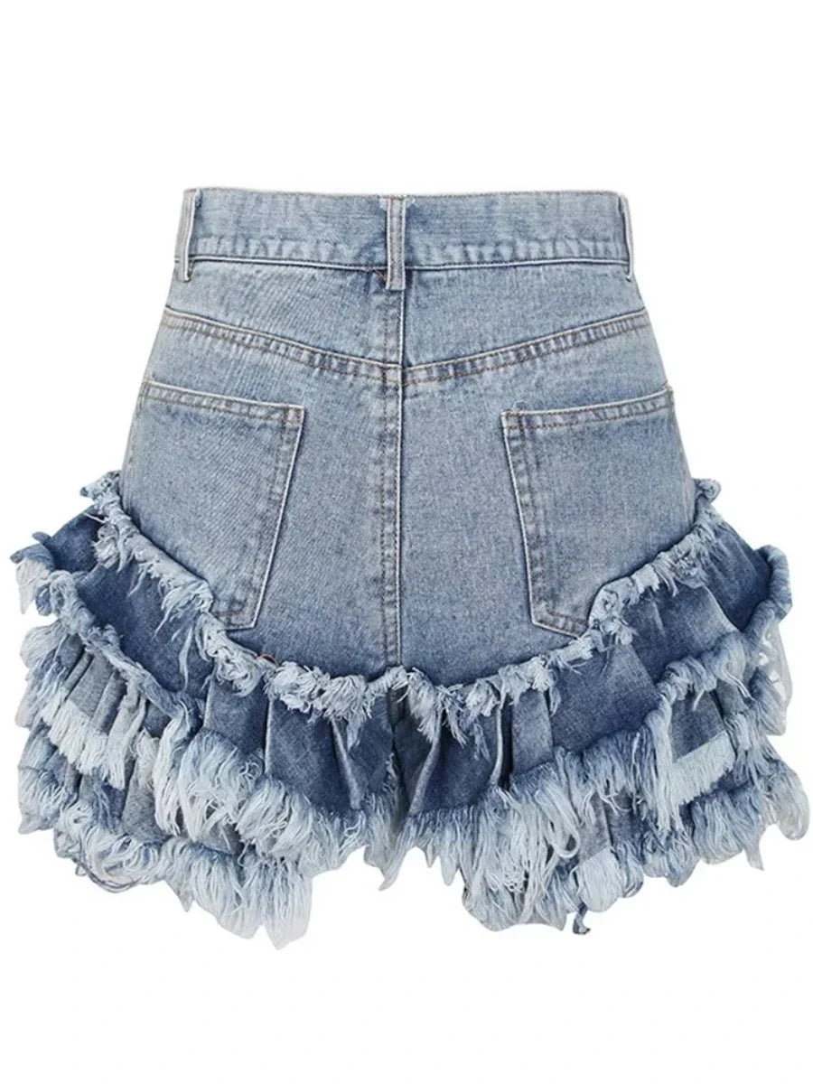 Short en jean taille haute à franges et patchwork uni pour femme 