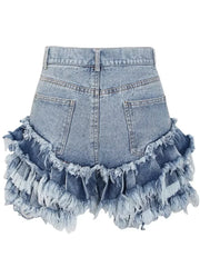 Women's High Waist Solid Patchwork Tassel Denim Shorts