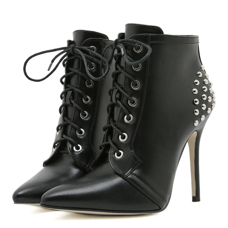 Women's Rivet Cross-Strap Ankle Boot with Thin High Heels