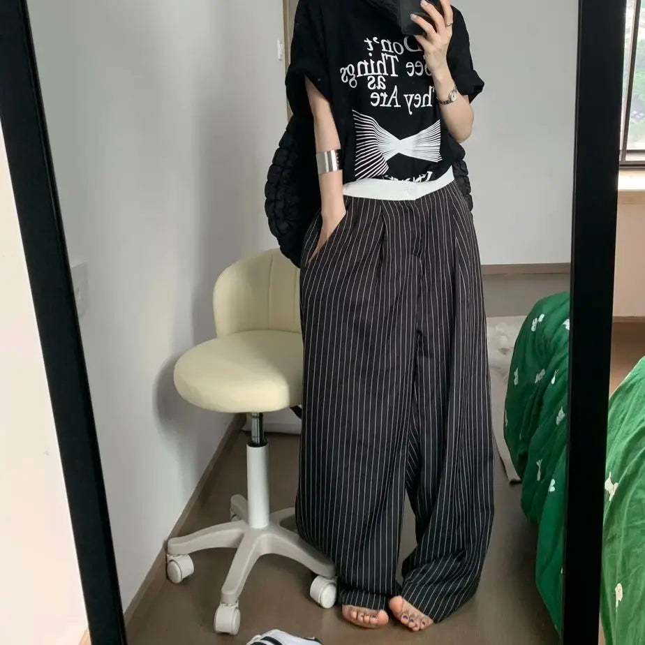 Women's Casual Striped High Waist Wide Leg Patchwork Pants