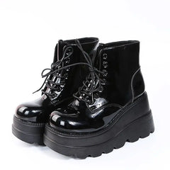 Women's High Top Black Lace Up Thick Sole Ankle Boots