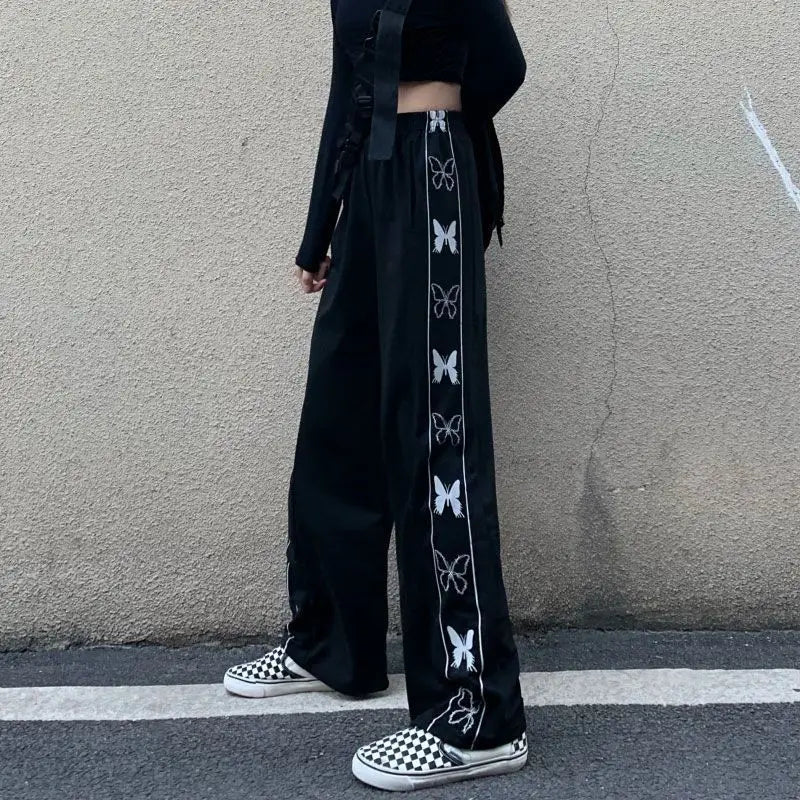 Butterfly Print Black Loose High Waist Wide Leg Trousers