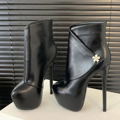 Women's Black Round Toe 16CM High Heels Platform Ankle Boots