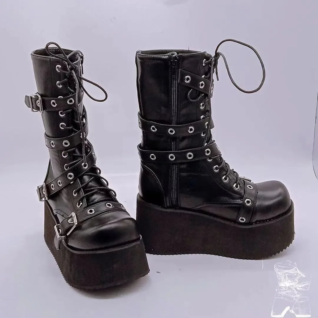 Plus Size Autumn Women’s Buckle Round Toe Wedge Combat Boots