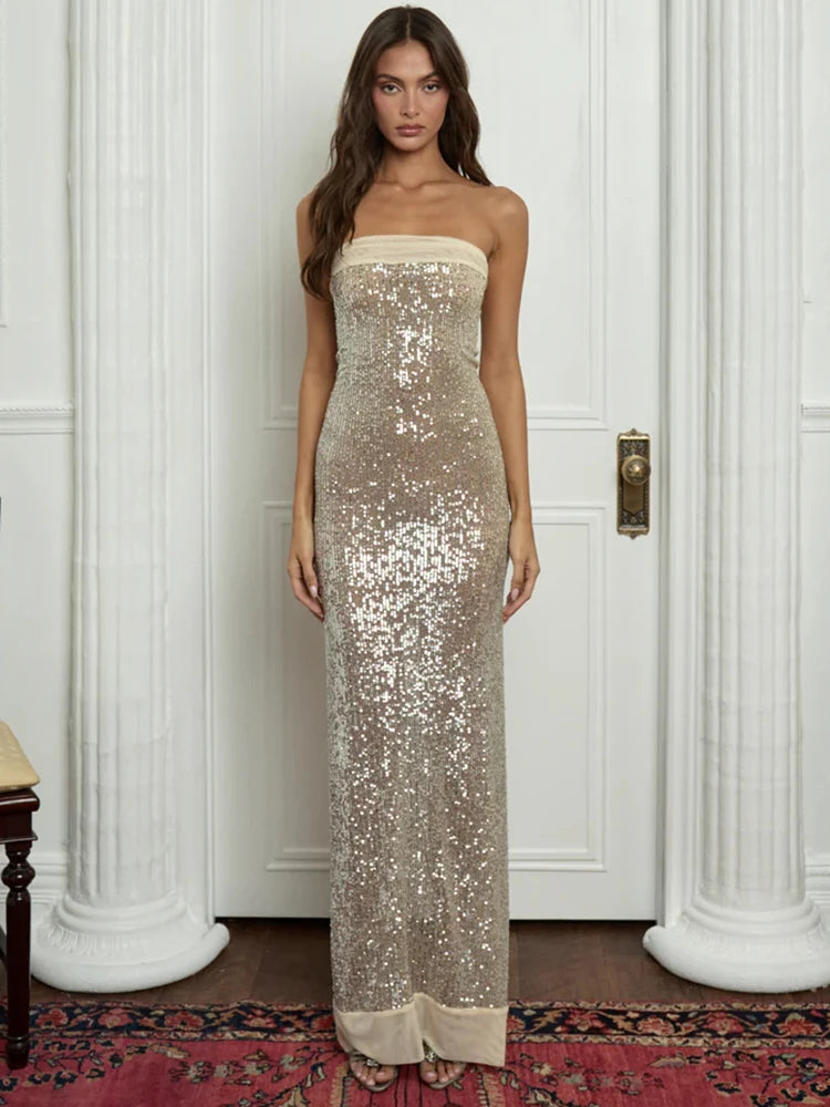 Strapless Sequin Maxi Dress with High Split