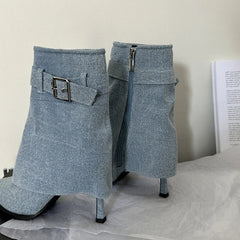 Denim Buckle Thin Heels Ankle Boots with Zipper for Women