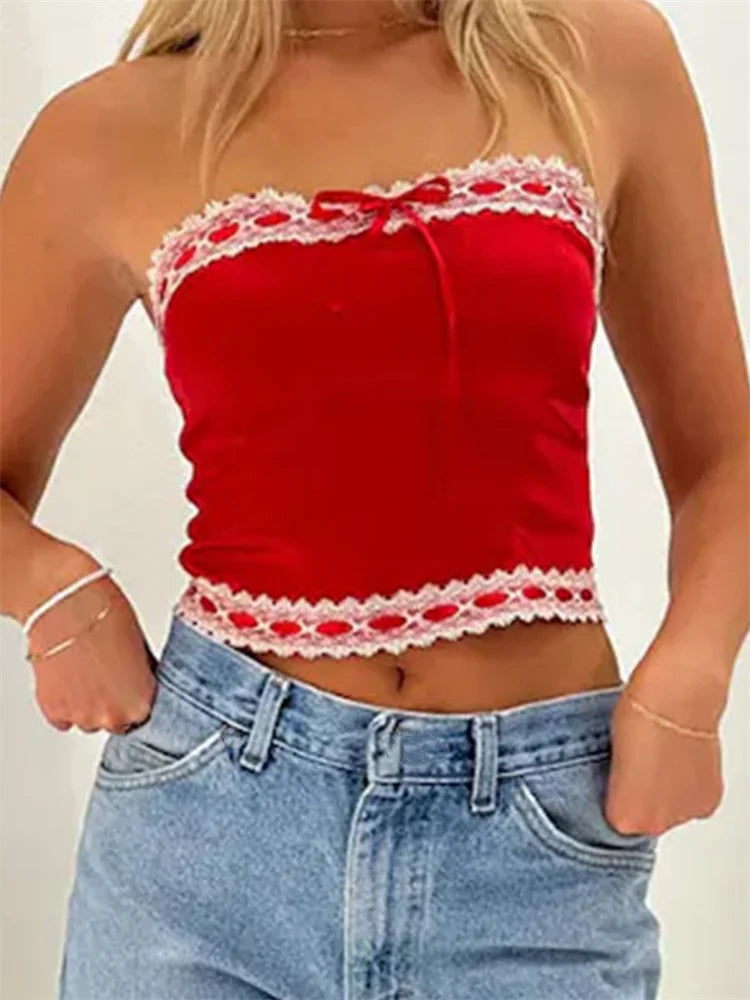 Women's Satin Slim Tube Top with Lace Trim and Bow Detail