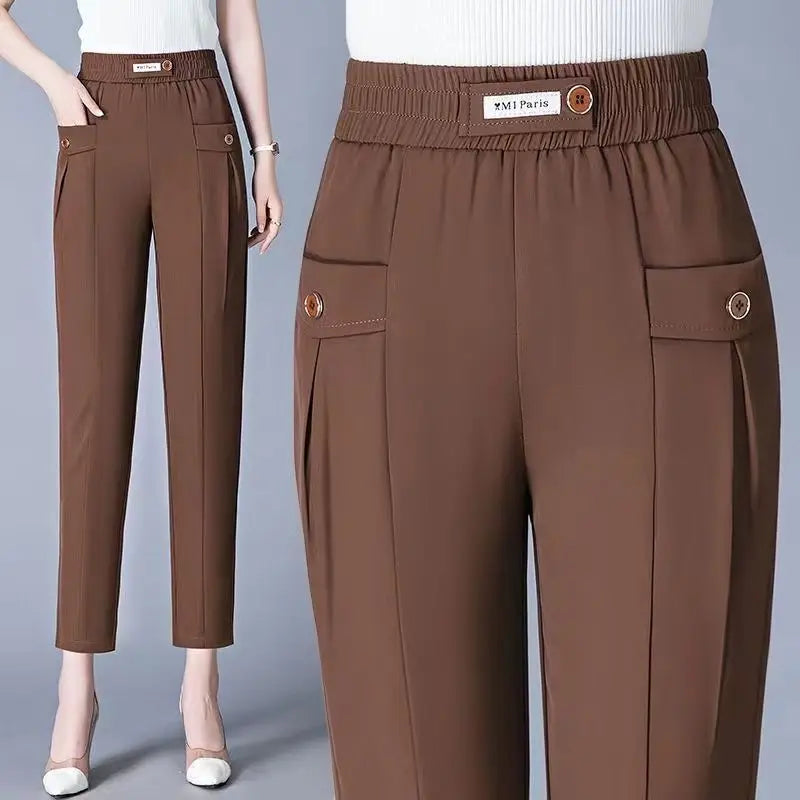 Pantalon Harlen élastique taille haute coréen pour femme avec poches