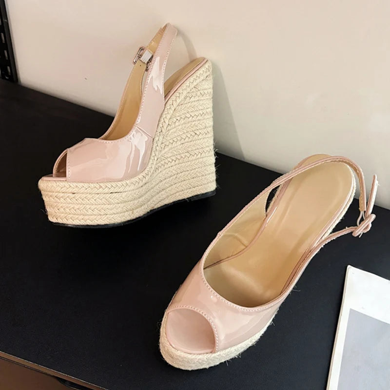 Women's Handmade Straw Rope Weave Peep Toe Wedge Sandals