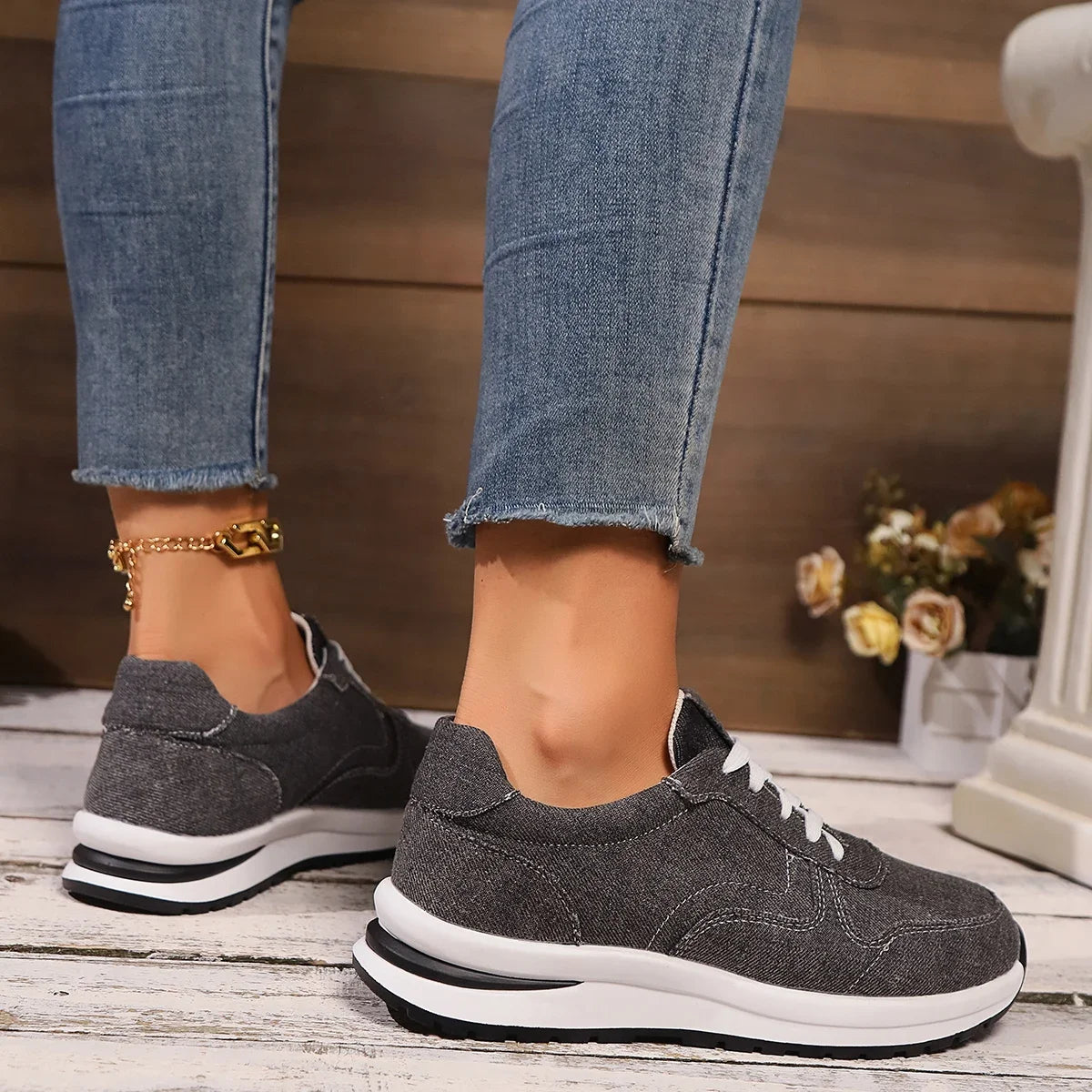 Women's Blue Denim Platform Sneakers with Thick Sole and Lace Up Style