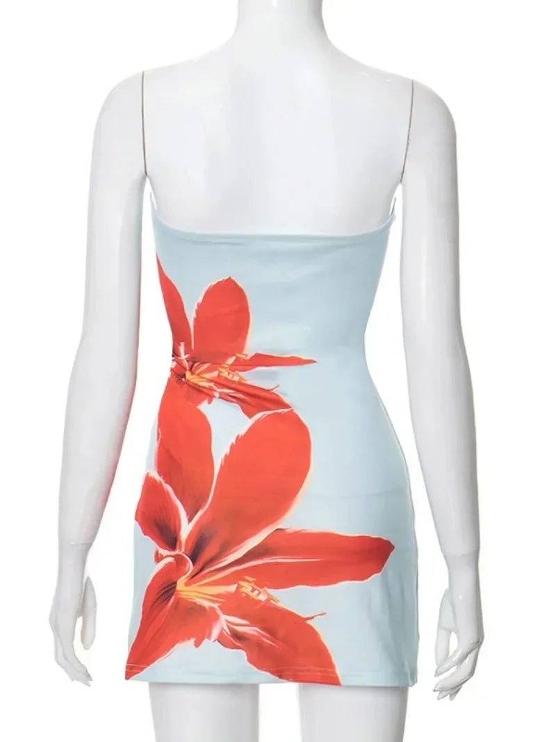 Fashion Floral Print Sleeveless Mini Dress for Casual Beach Wear