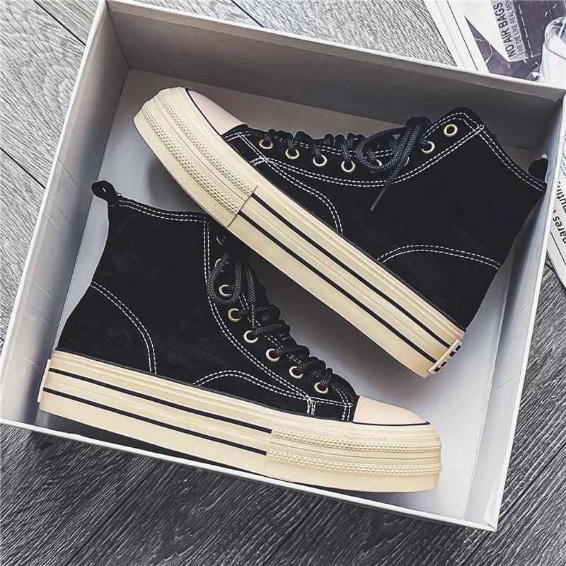 Unisex High-Top Platform Sneakers – Beige Canvas Thick-Sole Lace-Up Shoes