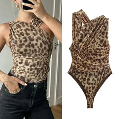 Women's Leopard Print Mesh Bodysuit – Sleeveless Off-Shoulder Slim Fit Top