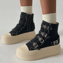 Women's High-Top Platform Canvas Boots – Buckle & Zipper Casual Sneakers