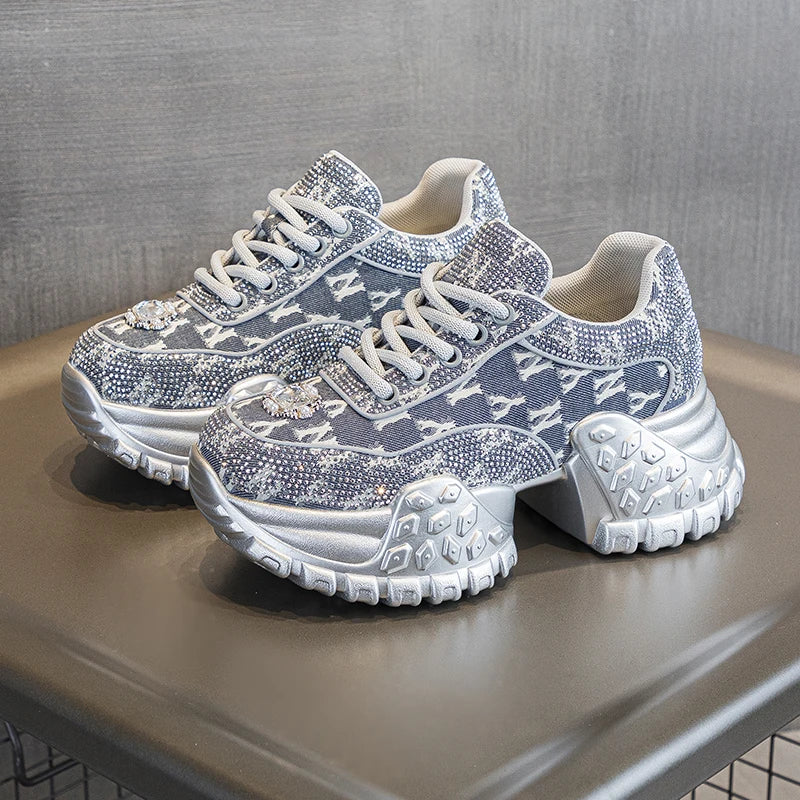 Women's Denim Fabric Crystal Luxury Chunky Sneakers