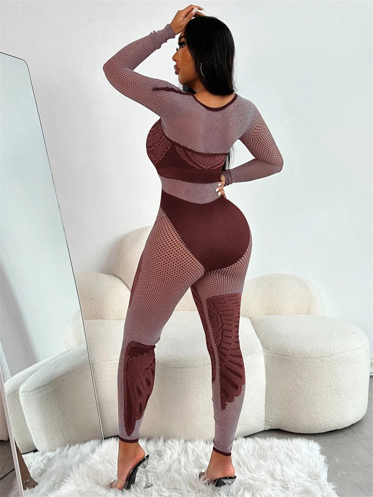 Women's See-Through Hollow Jumpsuit with Full Sleeves