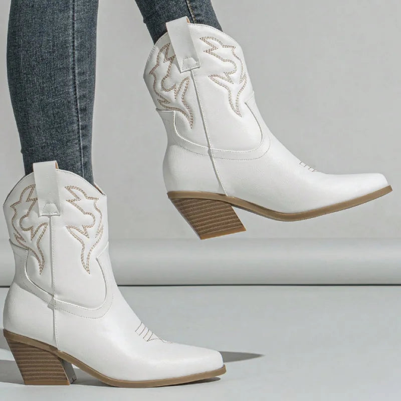 Women's White Embroidered Western Boots with Thick High Heels