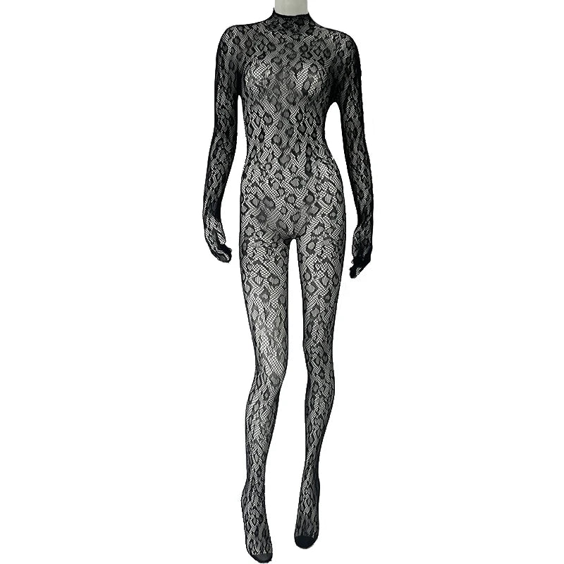 Black Lace See Through Long Sleeve Fishnet Bodysuit for Women