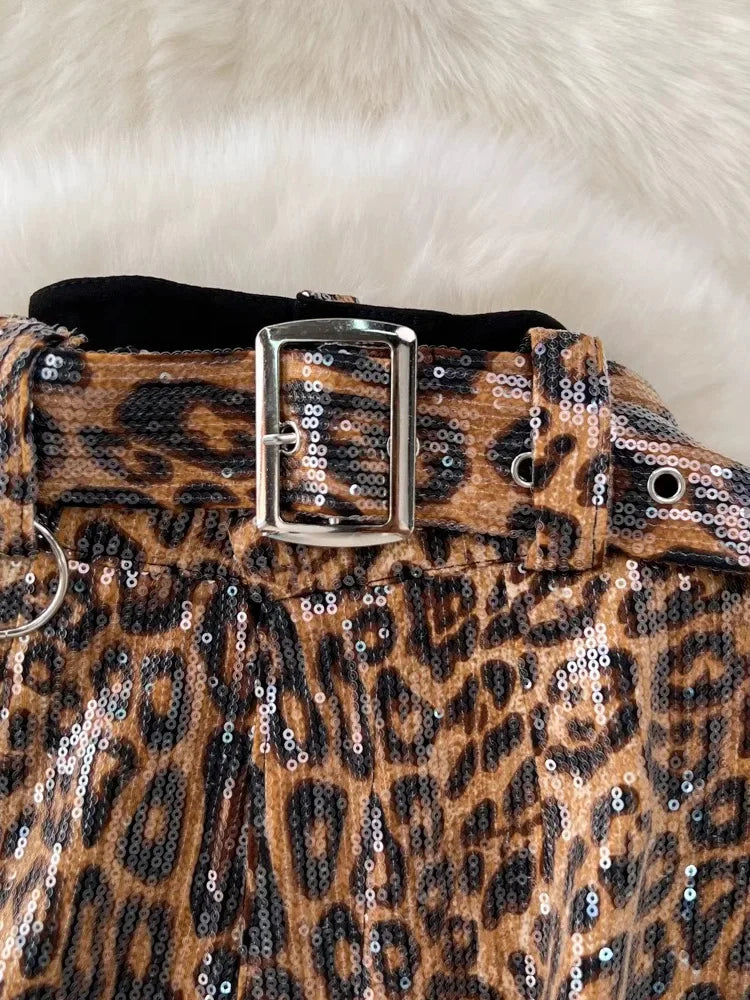 Women's High-Waisted Sequin Leopard Print Flared Pants with Belt