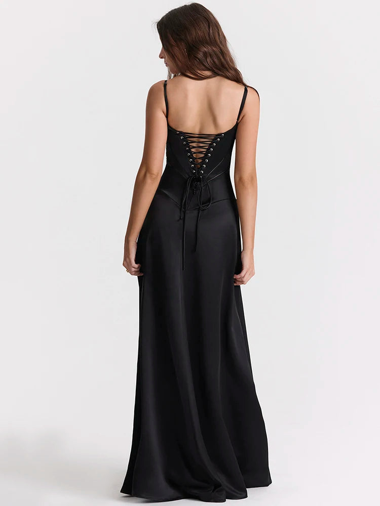 Black Satin Maxi Slipdress with Spaghetti Straps