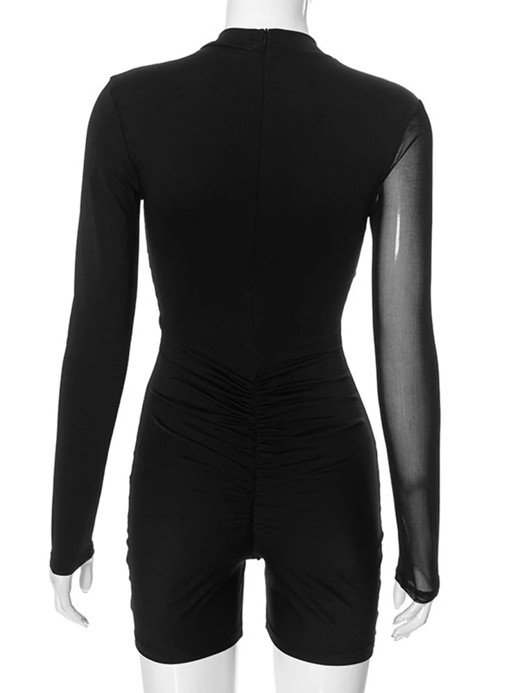 Sheer Mesh Patchwork Long Sleeve Jumpsuit for Women in Black