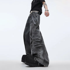 Men's PU Leather Stitching Jeans – Whisker Washed Wilderness Style Streetwear Pants