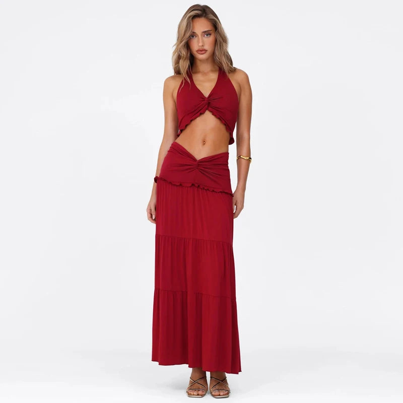 Women's Stylish Crop Top and Long Skirt Set for Beach Holidays