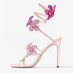 Crystal Flower Thin Heels Women Sandals with Narrow Ankle Strap