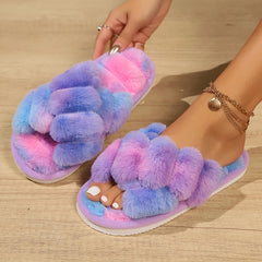 Women's Winter Fluffy Cross Strap Peep Toe Plush Slippers