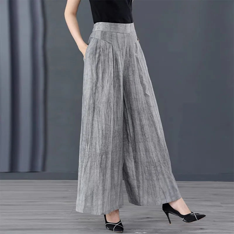 Literature Vintage Solid Linen Wide Leg Pants with Pockets