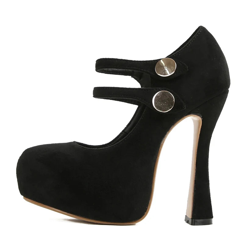 Women's Black Double Buckle Strap Platform Pumps with Round Toe